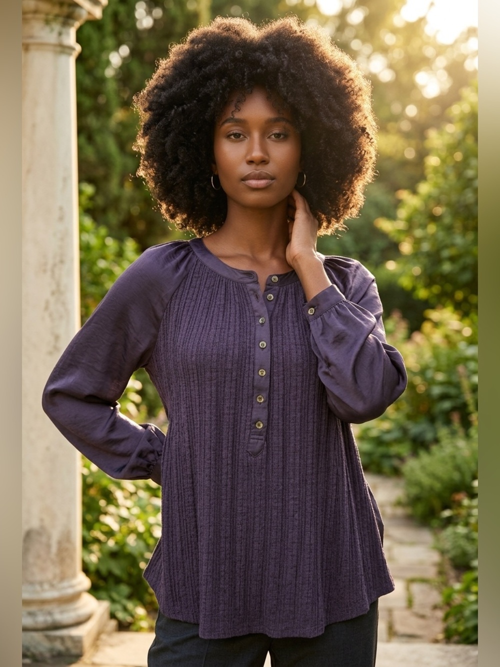 Anthropologie Meadow Rue Kersee Henley Blouse Balloon Sleeves Purple Plum Size S